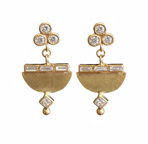 Baguette and circle and tri diamond studs